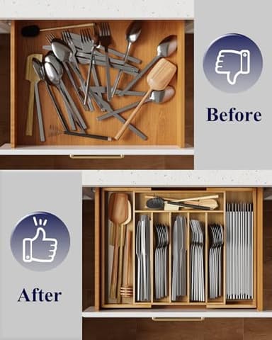 Kitsure Large Bamboo Silverware Organizer - Expandable Drawer Organizer for Utensil, Cutlery and Flatware, Kitchen Storage Solution with 6 to 8 Slots, Natural, 19.4" × 13.1" × 1.8" - Image 8