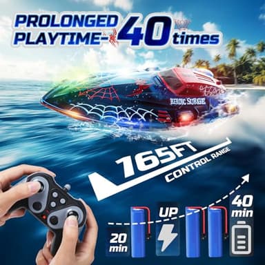 DEERC 13 inch Remote Control Boat for Kids, 2.4Ghz RC Spider Boat with LED Lights for Pools and Lakes, Summer Water Toy Gift for Boys 8-12, 2 Batteries - Image 5