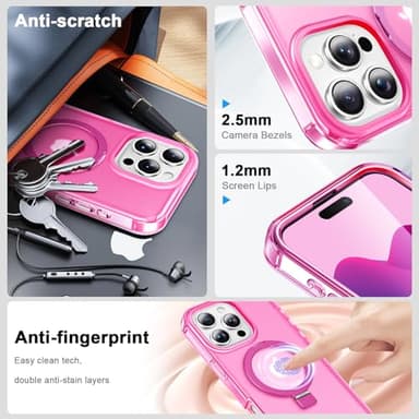 Turquiase for iPhone 16 Pro Max Full Body Shockproof Case with Magnetic Invisible Stand [Compatible with MagSafe] Built-in Screen Protector Military Drop ProtectionTranslucent Phone Cover -Hot Pink - Image 5