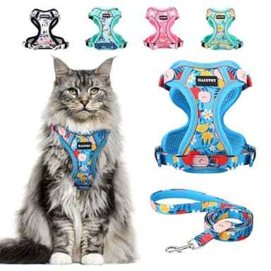 Halypet Cat Harness and Leash Set[MAX Safety 4th-Gen] Cute Escape Proof Vest Harness for Girl&Boy Cat Walking, Comfortable Adjustable Leash and Reflective Strips for Outdoor Kitten, M Azure Floral - Image 1