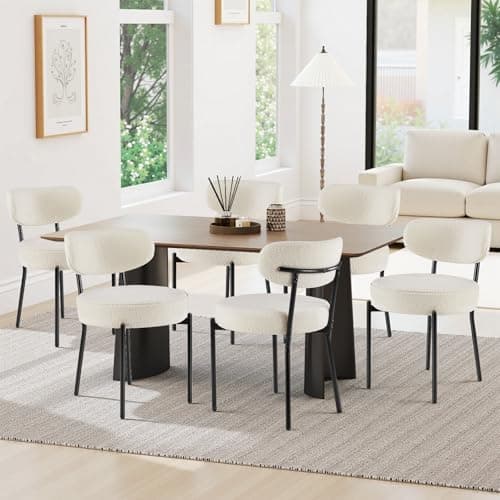 Sweetcrispy Dining Chairs Set of 6, Boucle Upholstered Modern Mid Century Round Kitchen Chairs with Curved Backrest & Metal Legs for Vanity, Living Room - Beige - Image 1