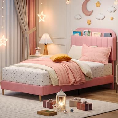 GarveeHome Twin Bed Frame with Storage Headboard, Velvet Upholstered Platform Bedframe for Kids, Girl Bed, Strong Wooden Slats, Noise-Free, Easy Assembly, No Box Spring Needed, Pink - Image 3