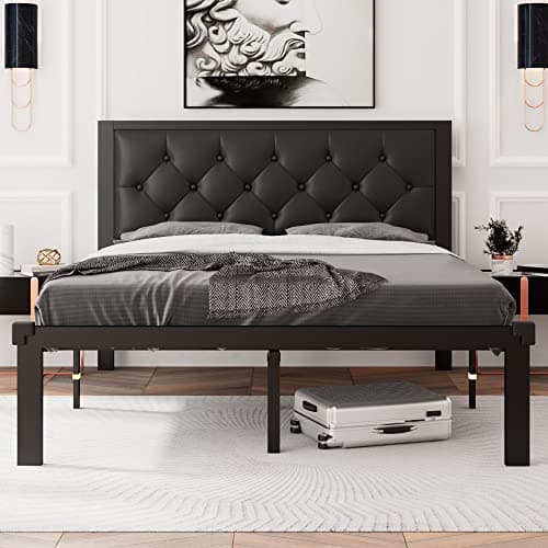 Feonase Full Size Metal Bed Frame with Faux Leather Button Tufted Headboard, Heavy-Duty Platform Bed Frame with 12" Storage, Steel Slats Support, No Box Spring Needed, Noise Free, Black - Image 1
