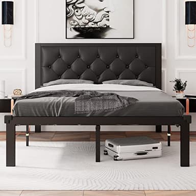 Feonase Full Size Metal Bed Frame with Faux Leather Button Tufted Headboard, Heavy-Duty Platform Bed Frame with 12" Storage, Steel Slats Support, No Box Spring Needed, Noise Free, Black - Image 1