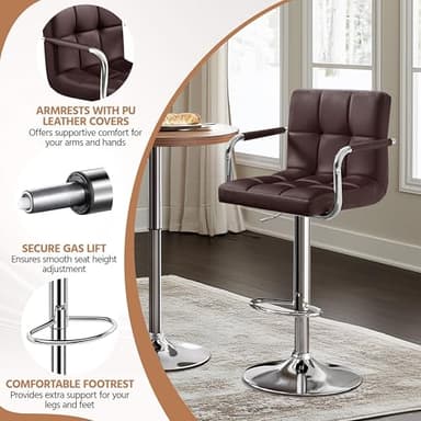 Yaheetech Bar Stools Set of 2, Adjustable PU Leather Swivel Barstools, Modern Counter Stools with Back and Footrest, Counter Height Barstools for Bar, Kitchen, Dining Room, Brown - Image 4