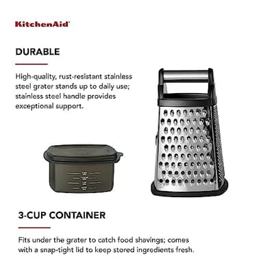 KitchenAid Gourmet 4-Sided Stainless Steel Box Grater for Fine, Medium and Coarse Grate, and Slicing, Detachable 3 Cup Storage Container and Measurment Markings, Dishwasher Safe, 10 inches tall, Black - Image 3