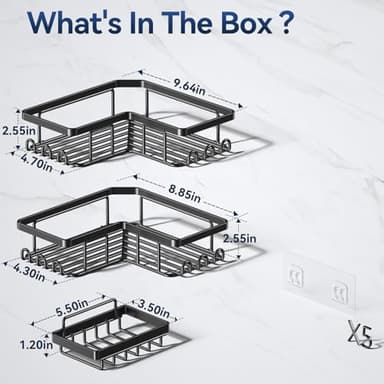 YASONIC Corner Adhesive Shower Caddy, with Soap Holder and 12 Hooks, Rustproof Stainless Steel Bathroom Organizer, No Drilling Wall Mounted Rack, Black, 3-Pack - Image 7