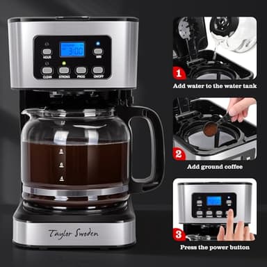 Taylor Swoden 12-Cup Programmable Coffee Maker, Regular & Strong Brew Drip Coffee Machine for Home and Office, Glass Carafe, Pause & Serve, Auto Shut Off, Black & Stainless Steel - Image 9