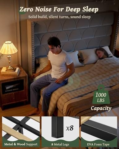 OHOHOLIVE King Size Bed Frame with 56" Headboard - 1000LBS Capacity Support, Velvet Upholstered Wingback Platform Bed Frame, Noise Free, Sturdy Wooden Slat Support - Image 3