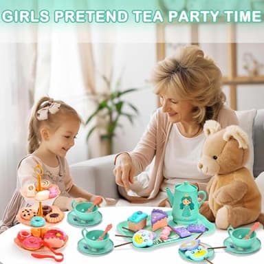 Lajeje Princess Tea Party Set for Little Girls - Pretend Plastic Teapot Set, Princess Tea Time Play Kitchen Toy with Cups, Plates, and Carrying Case - Birthday Gifts for Kids Toddlers Age 3 4 5 6 - Image 7