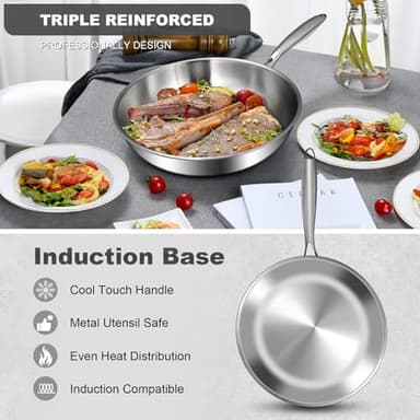 12 Inch Tri-Ply Stainless Steel Frying Pan, Skillet, Induction Cooking Pan, Dishwasher and Oven Safe, Fast & Even Heat, Heavy Duty and Detachable Handle - Image 4