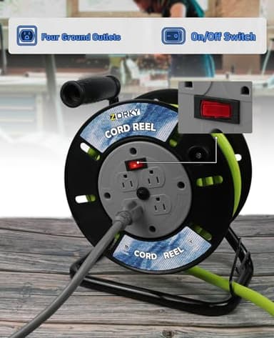 Zorky Extension Cord Storage Reel, Retractable Heavy Duty Open Cord Reel for 12/3,14/3,16/3 Gauge Extension Cord, Portable Empty Hand Wind Power Cord Roller Holder with 4-Grounded Outlets - Image 3