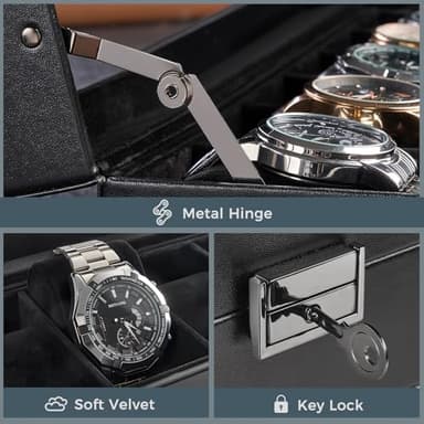 ProCase 6 Slot Watch Case Box for Men, PU leather Man Watch Organizer with Soft Pillow, Lockable Watch Collection Storage Holder with Glass Display Lid -AllBlack - Image 3