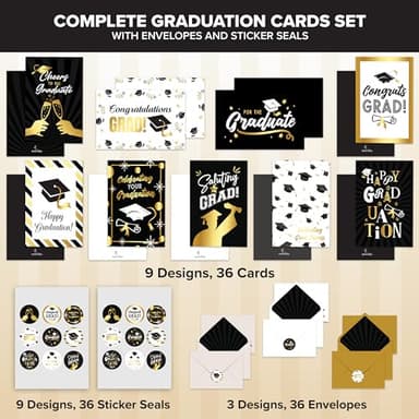 Decorably 36 Pack Gold Foiled 5x7in Bulk Graduation Cards Bulk with Envelopes and Stickers, 9 Elegant Designs Graduation Cards Pack with Printed Message Inside - Image 2