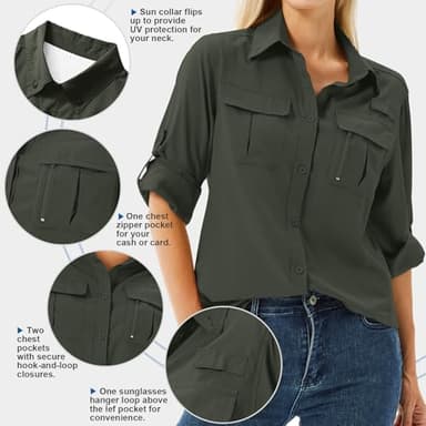 Toumett Women's UPF 50 Long Sleeve UV Sun Protection Safari Shirts Outdoor Quick Dry Fishing Hiking Travel Shirts(Amy Green,2XL,5071) - Image 3