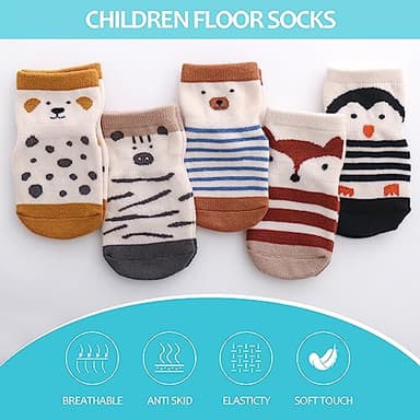TRUEHAN 5 Pairs Toddler Non Slip Socks with Grips Baby Socks for Kids Girls Boys （5 Pairs Stripe Animal Combinations，6-12 months） - Image 3