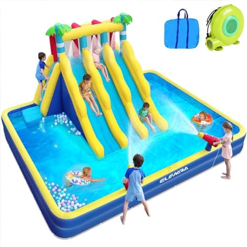 ELEMARA 20.66x16.4FT Inflatable Water Slide for Big Kids, Water Park for Kids Backyard with Large Double-Layer Pool,3 Extra-Long Slides,Climbing Wall, 2 Water Cannons, Water Spraying, 750W Air Blower - Image 1