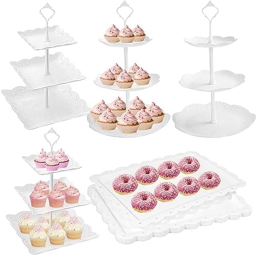10 Pcs Cake Stand White Plastic Dessert Table Display Set 4 Pcs 3 Tired Cupcake Stand Cookie Tray Rack Serving Tray Cake Display Tower and 6 Pcs Dessert Trays for Wedding Baby Shower Tea Party (White) - Image 1