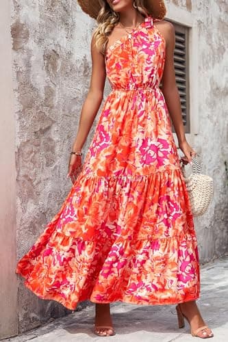PRETTYGARDEN Women's Summer Floral Maxi Dress Knot One Shoulder Sleeveless Ruffle Flowy Boho Beach Wedding Guest Dresses (Orange Rose Red Big Floral,Large) - Image 4