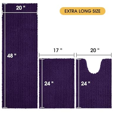 ACCUMTEK Upgrade Extra Large Dark Purple Bathroom Rug Set 3 Pieces Ultra Soft, Thick Absorbent Bath Mats, Non Slip Chenille Toilet Mat for Bathroom, Bedroom, Kitchen, Eggplant - Image 2