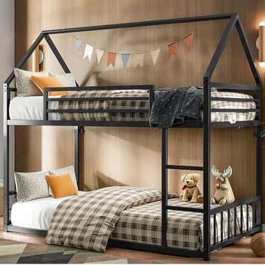 LIKIMIO Bunk Bed Twin Over Twin, House Bunk Bed Frame with Ladder and Guardrail, House Shaped with Metal Slats for Dormitory and Bedroom, Space Saving, No Box Spring Needed, Black - Image 7