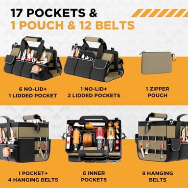Goovilla Tool Bag 15.5 Inch with 1 Pouch | 17-Pocket Portable Tool Box Organizer Storage with Adjustable Strap, Soft Handle and Durable Zipper | Heavy Duty Tool Bags for Men, Father’s Day (Khaki) - Image 3