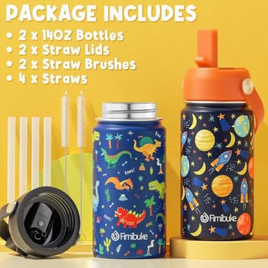 Fimibuke Kids Insulated Water Bottle, 14oz BPA FREE Double Wall Vacuum Tumbler 18/8 Stainless Steel Leak Proof Kids Cups with Straw Metal Bottles for School Boys Girls (2 Pack, Trucks/Green Dinosaur) - Image 6