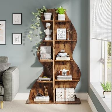 Tribesigns Corner Shelf, Rustic 5-Tier Wall Corner Bookshelf, Stylish Corner Small Bookcase Storage Rack Plant Stand with Unique Shape for Living Room, Home Office (2PCS, Brown) - Image 5