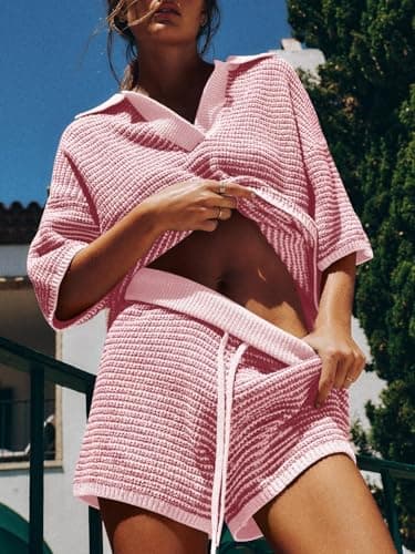 Tankaneo Womens Sweater Set 2 Piece Outfits Oversized 3/4 Sleeve V Neck Knit Tops High Waisted Shorts Lounge Sets - Image 2