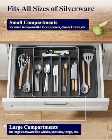 Kitsure Cutlery Drawer Organiser for Kitchen - Adjustable Cutlery Tray for Effortless Utensil Sorting, Versatile Kitchen Storage & Organisation Solution, 13.70" x 1.54" x 10.94"~20.08", Black - Image 5