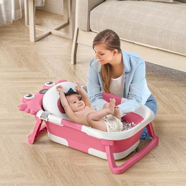 Collapsible Baby Bathtub for Newborns to Toddler with Real-time Temp Monitor & Floating Cushion,Portable Travel Tub for 0-36 Month, Foldable Baby Bath Tub for Infants Girl (Pink) - Image 5