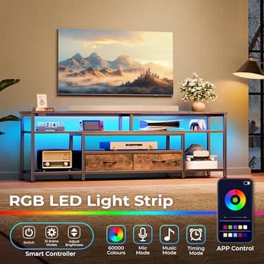 Huuger 63 Inch LED TV Stand for 65 70 Inch TV, Entertainment Center with Open Shelves and Power Outlets, TV Console for Living Room, Media Console with Drawers, Rustic Brown, 8779FC - Image 3