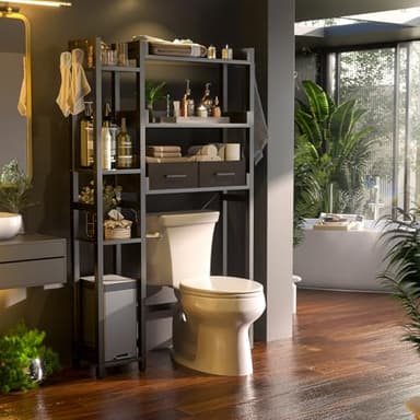 Over The Toilet Storage with 2 Drawers - 7 Tier Bathroom Organizer with Adjustable Shelf, Freestanding Space Saver Storage Rack Above Toilet Stand with 4 Hooks for Restroom, Laundry, Black - Image 2