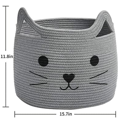 HiChen Large Woven Cotton Rope Storage Basket, Baby Laundry Basket Organizer for Towels, Blanket, Toys, Clothes, Gifts | Pet Gift Baskets for Cat, Dog - 15.7" L×11.8" H, Gray - Image 4