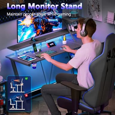 47 Inch Gaming Desk with LED Lights & Power Outlet, L Shaped Computer Desk with Storage Shelves, Gamer Workstations with Monitor Stand for Bedroom, Carbon Fiber Black - Image 7