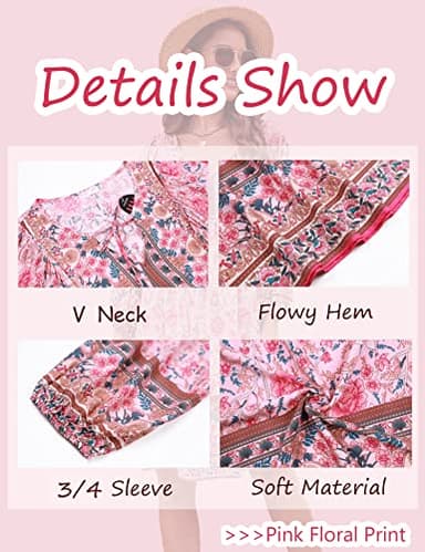 Bluetime Women Beach Casual V Neck Dress 3/4 Sleeve Summer Floral Dress Loose Plus Size Boho Dresses (XXL, Pink) - Image 6
