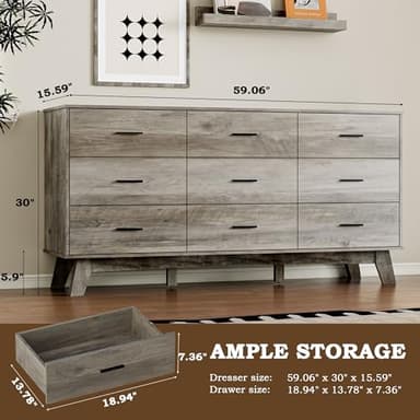 BORNOON Dresser for Bedroom with 9-Drawer, 59" Wide Modern Chest of Drawers with Metal Handles, X-Shape Base & Adjustable Center Leg, Anti-Tip Closet Organizers and Storage - Image 2