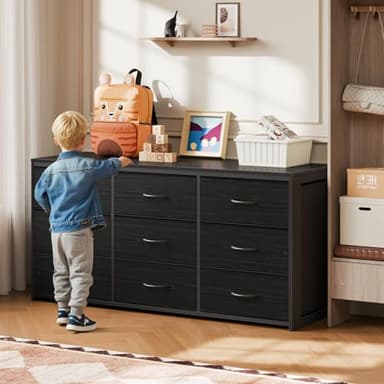 OURPIC Black Dresser for Bedroom, Long Dresser for Closet, 9 Drawer TV Stand for 65 Inch TV, 15.75” Deepth Fabric Drawer, Chest of Drawer Large Storage Organizer, Hallway Furniture, Wooden Top Side - Image 4