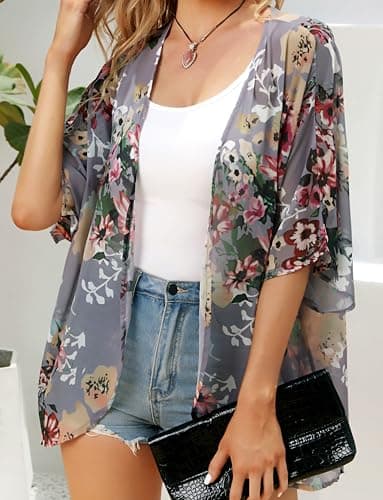 Women's Floral Print Puff Sleeve Kimono Cardigan Loose Cover Up Casual Blouse Tops (Dark Grey, S) - Image 4