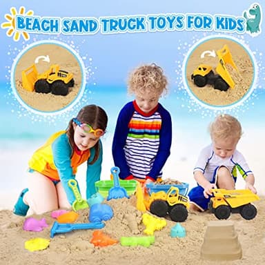 FHOZGECY Beach Toys, 31Pcs Sand Toys with 2 Construction Vehicle and 2 Collapsible Beach Bucket, Sand Castle Building Kit, Sand Molds, Shovel Set, Mesh Bag, Summer Toys for Kids Ages 4-8 - Image 3