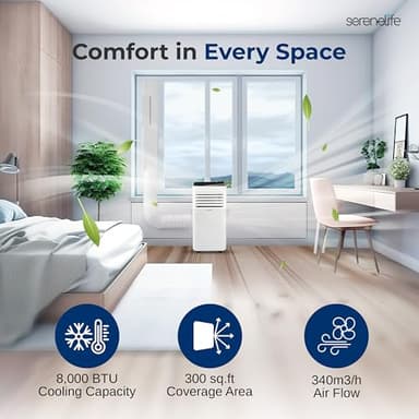 SereneLife Portable Conditioner, 8000 BTU 3-in-1 Compact Standing Air Conditioner for Rooms Up to 300 Sq. Ft., Energy Efficient Floor AC Unit with Remote Control, Universal Casters, Window Mount Kit - Image 6