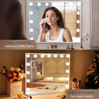 Hansong Vanity Mirror with Lights, 22''x18'' Hollywood Mirror, Makeup Mirror with 15 Dimmable Bulbs, 10X Magnification and USB Charging Port, White - Image 8