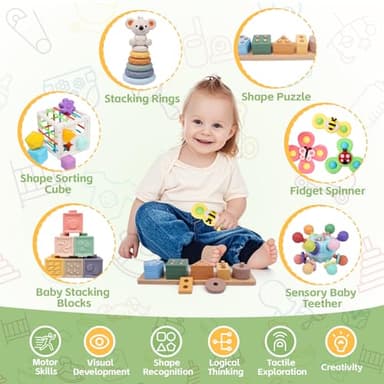YHHYTOY 6-in-1 Montessori Baby Toys 0-6 6-12 Months, Infant Teething Toys Soft Stacking Blocks Rings Shape Sorter Sensory Fidget Spinners for Toddler 1-3, First Baby Gift Set for 6 Month Old Girl Boy - Image 2