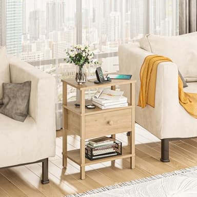 Lerliuo Nightstand Set of 2 with Charging Station and USB Ports, 3-Tier Storage End Table with Drawer Shelf, Night Stand for Small Spaces, Wood Bedside Table for Living Room, Bedroom - Natural Wood - Image 7