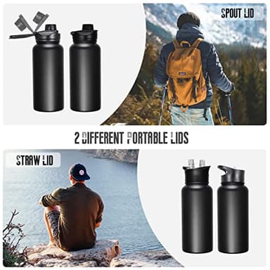 VQRRCKI 32 oz Insulated Water Bottle with Straw Lid & Wide Mouth Lids, Stainless Steel Sports Water Bottles, Double Walled Vacuum, Leak Proof, Black - Image 4