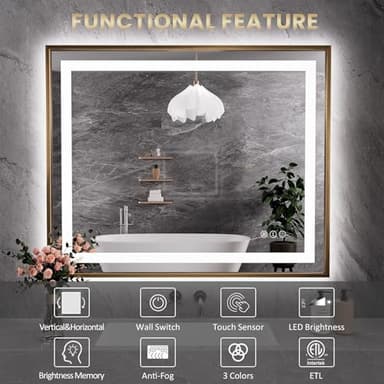 Amorho 60"x 36" Gold LED Bathroom Mirror, Metal Framed Mirror with Front Light and Backlit, Stepless Dimmable, Anti-Fog, Shatter-Proof, Memory, 3 Colors - Image 2