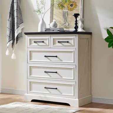 ACCOHOHO Farmhouse 5 Drawer Dresser for Bedroom, 36 Inch Tall Modern Chest of Drawers, Rustic Wood Storgae Organizer with Large Drawers & Bar Handles for Bedroom, Living Room, Hallway, Off White - Image 3