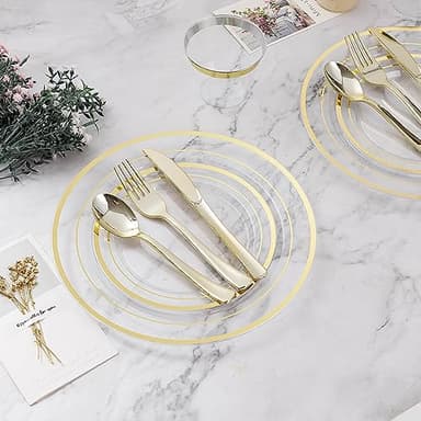 BESTVIP 600PCS Clear Gold Dinnerware Set for 100 Guests, Plastic Plates for Party, Christmas and New Year, 100 Disposable Plates, 100 Dessert Plates, 100 Cups, 100 Spoons, 100 Forks and 100 Knives - Image 5
