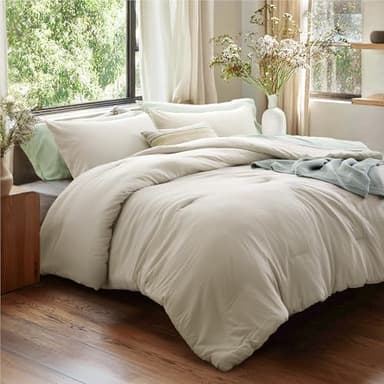 Bedsure King Size Comforter Set, Beige Soft Prewashed Bedding for All Seasons, 3 Pieces GentleSoft™ Warm Down Alternative Bed Set, 1 Lightweight Comforter (104"x90") and 2 Pillowcases (20"x36") - Image 1