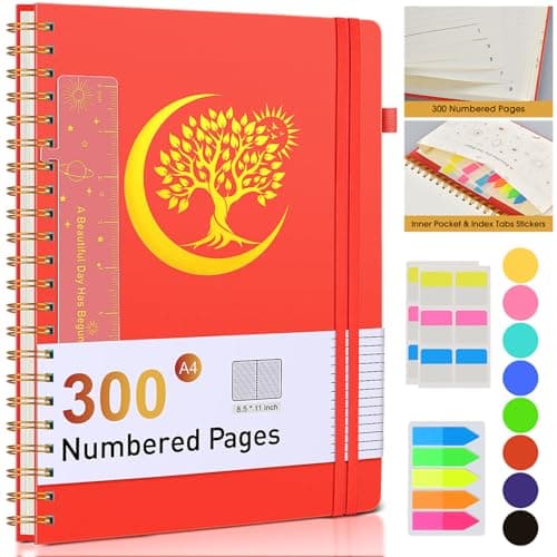 PAIBAS A4 Spiral Journal Notebook 8.5" x 11.5" – 300 Numbered Pages, 100 GSM Lined Paper, Plastic Cover, Inner Pocket, Spiral Notebooks for Work, School, College Ruled for Men Women (Red) - Image 1